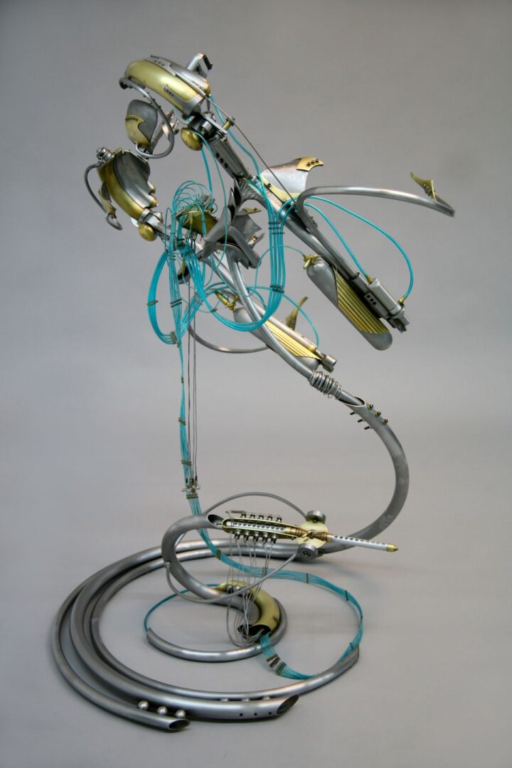 A sculpture made out of metal and wire.