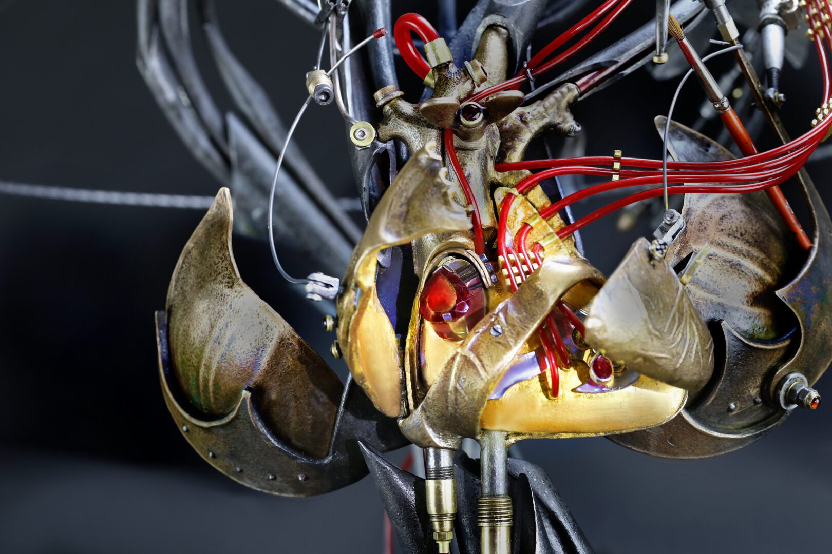 HEARTFELT, 2020 (above) detail of interior of the heart (right) Front view closed bronze heart mild steel, cast bronze, brass, garnet, amethyst 72 x 36 x 36 inches