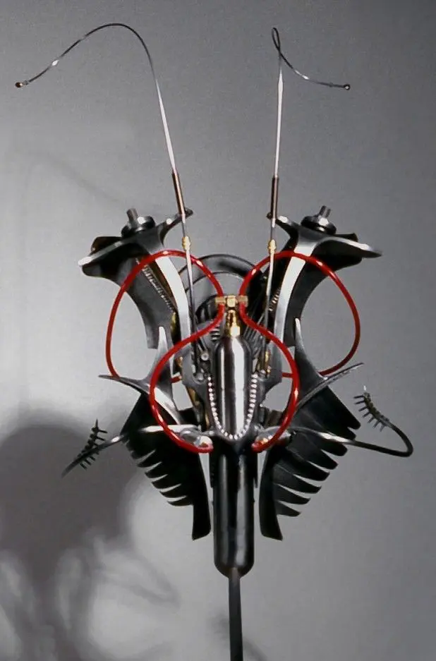 A sculpture made of metal and wires.