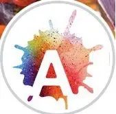 A logo with colorful paint splatters on it.