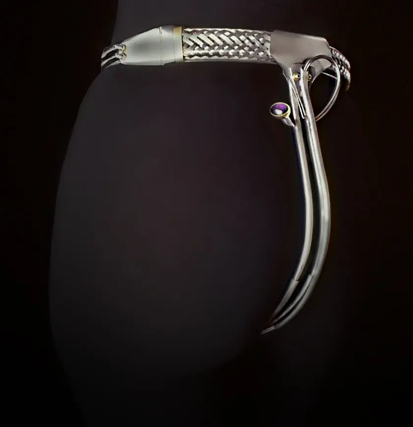 An image of a woman's butt with a silver belt.